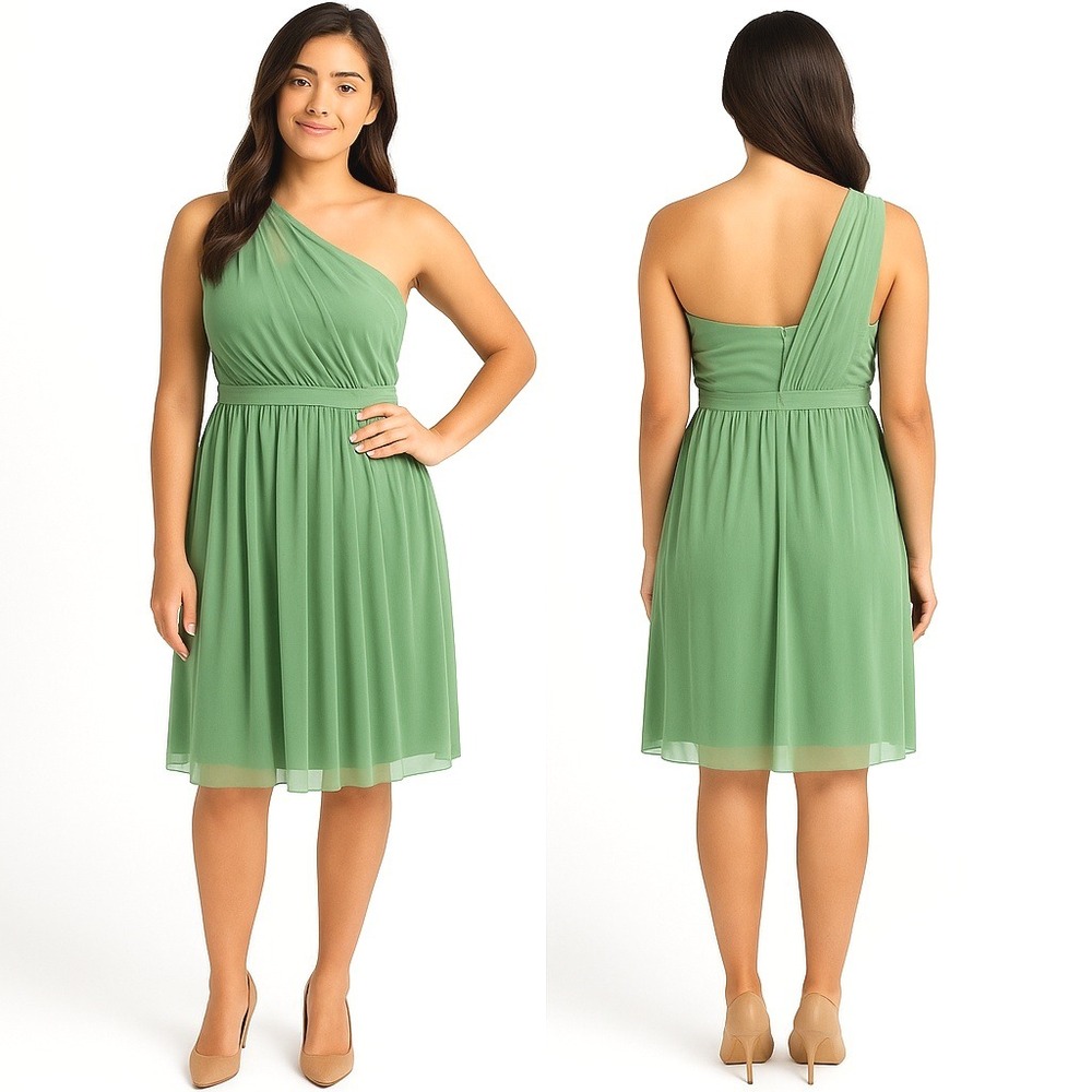 Davids Bridal Dress Green One‎ Shoulder Illusion Bridesmaid Draped Mesh Elegant